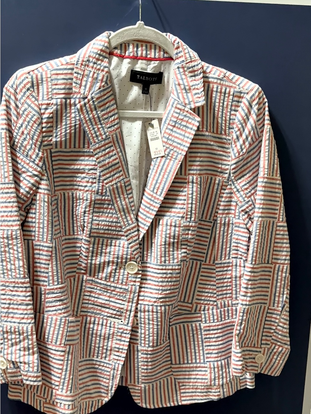 Talbots Striped Patchwork Seersucker Blazer in White, Red & Blue